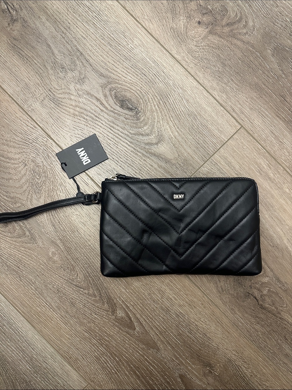 DKNY Black Quilted Leather Wristlet Clutch